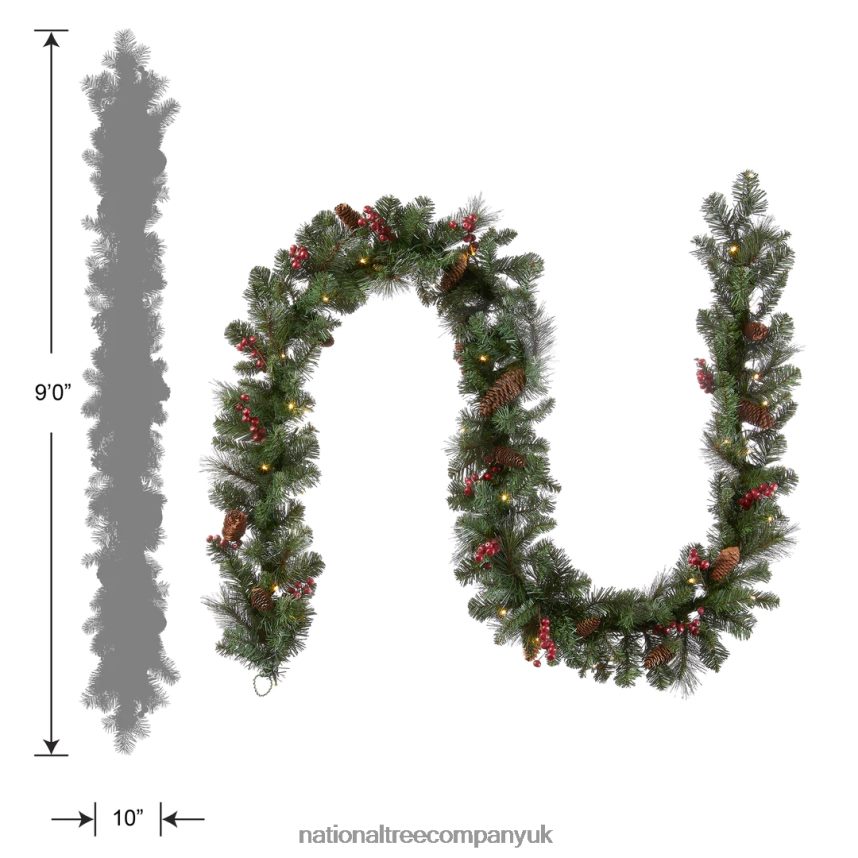 Greenery | National Tree Company Pre-Lit Artificial Christmas Garland Green Crestwood Spruce White Lights Decorated with Pine Cones Berry Clusters Battery Operated Christmas Collection 9 Feet